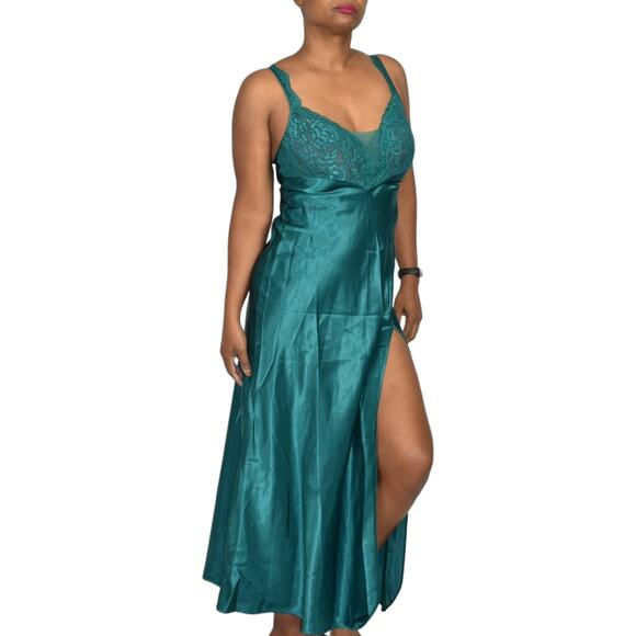 Vintage Victorias Secret Nightgown Green Satin Maxi Slip High Slit Gold Label XS - Picture 8 of 16